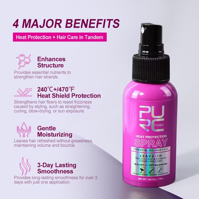 Hair Care Heat Protectant - สเปรย์ป้องกันความร้อน PURC ผสมน้ำมันมะพร้าว ควบคุมผมชี้ฟู เพิ่มความเงางาม สำหรับทุกสภาพเส้นผม