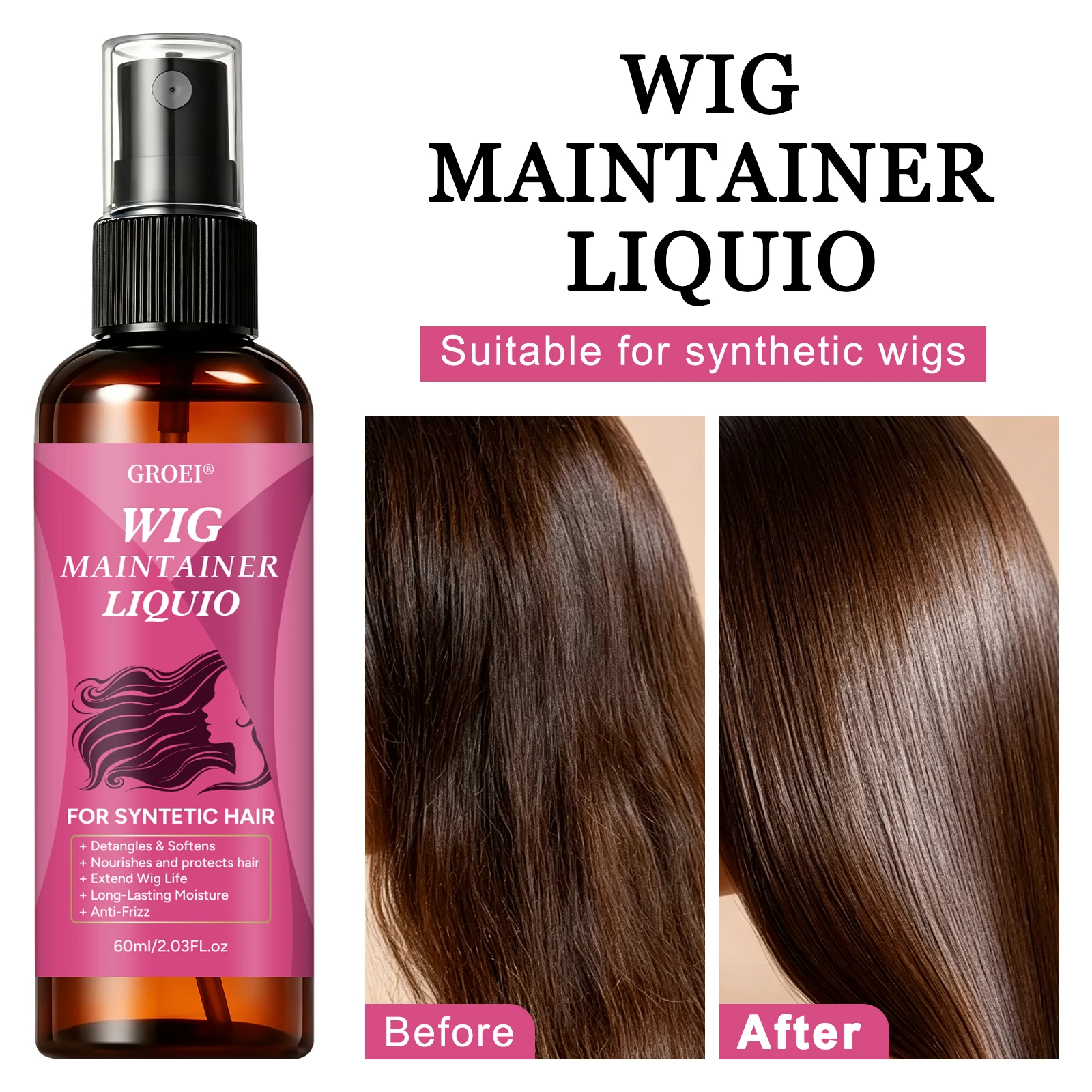 Hair Care Spray - สเปรย์บำรุงวิกผมป้องกันผมชี้ฟู GROEI 60 มล. น้ำยาบำรุงเพิ่มความชุ่มชื้นและเงางามสำหรับวิกผมสังเคราะห์
