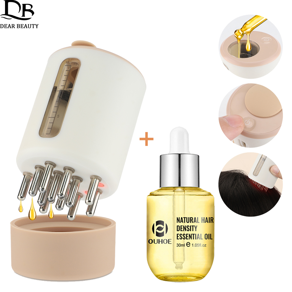 Hair Care Essence - หวีนวดศีรษะด้วยการสั่นสะเทือนแบบไฟฟ้า + หวีนวดผมด้วยแสงสีแดงน้ำมันเร่งผมยาว30มล. หวีนวดหนังศีรษะ