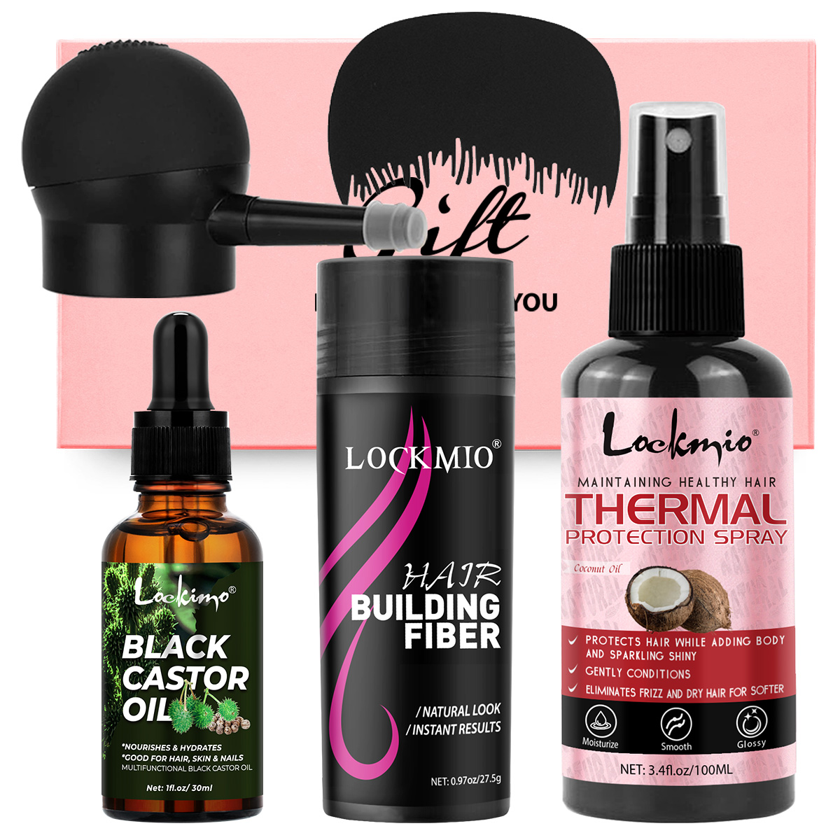 Hair Care Heat Protectant - ชุดผลิตภัณฑ์ดูแลและบำรุงเส้นผม น้ำมันละหุ่งดำสำหรับปกป้องเส้นผมจากความร้อน สเปรย์ป้องกันความร้อน เส้นใยเพิ่มความหนาให้เส้นผม ช่วยให้ผมหนาและเรียบเนียนอย่างเป็นธรรมชาติ